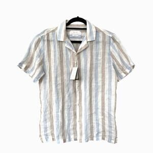 NWT Porter and Ash Linen Short Sleeve Striped Button Blouse Top Beige Blue SZ S